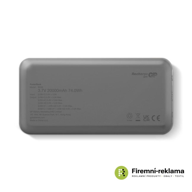 Powerbanka s kapacitou 20000 mAh GP B+ Series černá, zadní strana s parametry, powerbanka vhodná jako firemní dárek, promo předmět nebo zaměstnanecký benefit