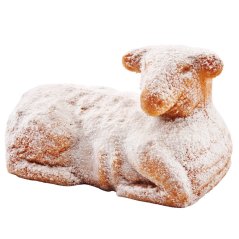 Easter lamb baked from sponge cake dough with vanilla flavor, sprinkled with sugar, made in Germany, suitable as a corporate gift