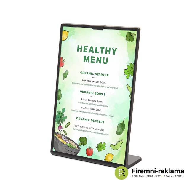 Scritto menu stand - L Stand - Colour: black, Variant: Scritto® Menu Stand L-Shape Black A5, Media Size: A5 (148 x 210 mm)