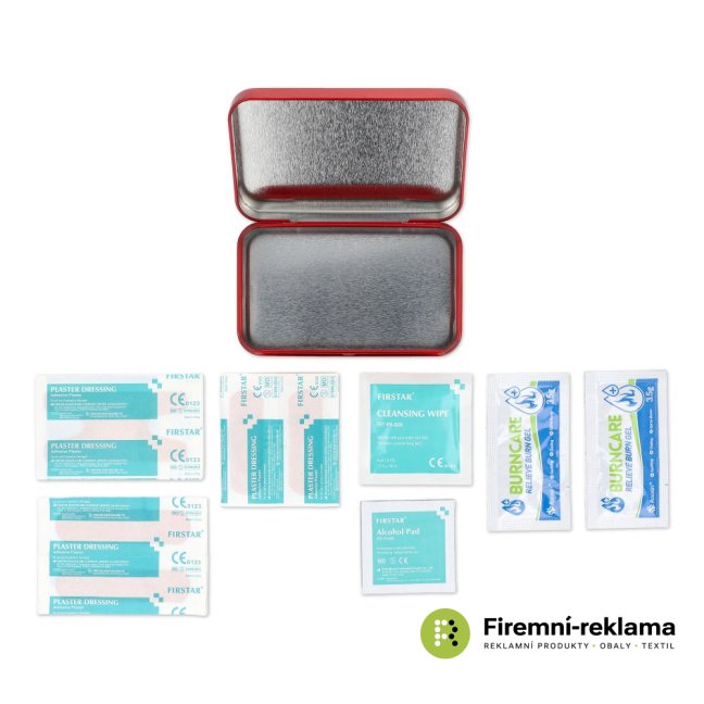 Atlas metal first aid kit containing 20 first aid items, mini first aid kit in a red metal box designed for promotional printing, suitable as a gift for employees and business partners