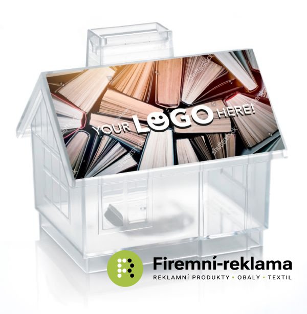 Transparent money box Sweet Home with custom print on the roof