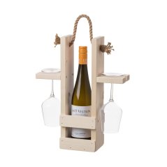 Dřevěný nosič na víno a dvě sklenice