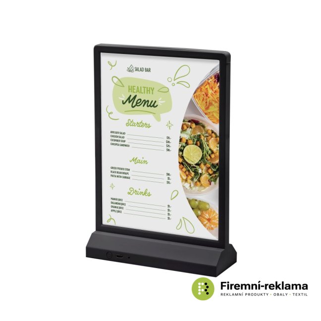 LED stojánek na menu nebo jinou vlastní grafiku, typ T, A5, černý
