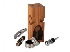 Wine set in a wooden stand
