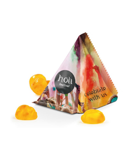 žluté želé bonbony v pyramidovém obalu s vlastním potiskem